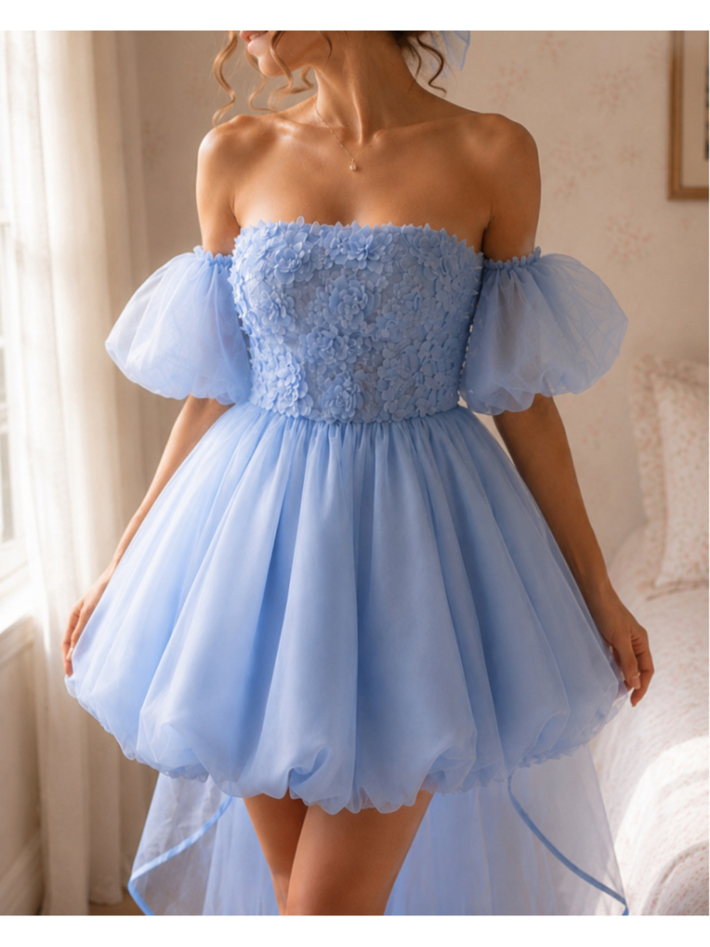 Faeriesty Powder Blue 3D Floral Balloon Mini Dress XS Coquette Bow - Picture 3 of 8